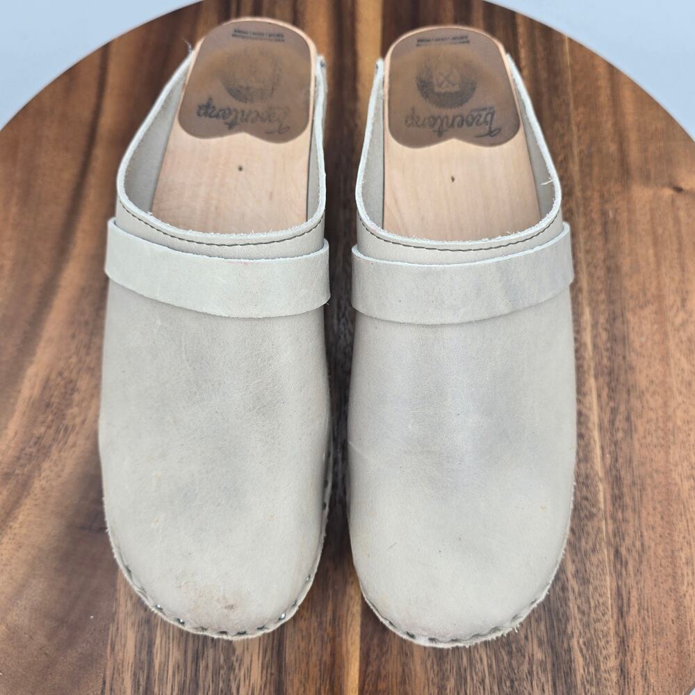 Troentorp Clogs Womens 6 36 Taupe Gray Leather Slip Resistant Work Wooden Wedge - Picture 5 of 10